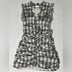 Glamour Campaign Dress Black White Plaid  Sleeveless Shirred Button Front- Small